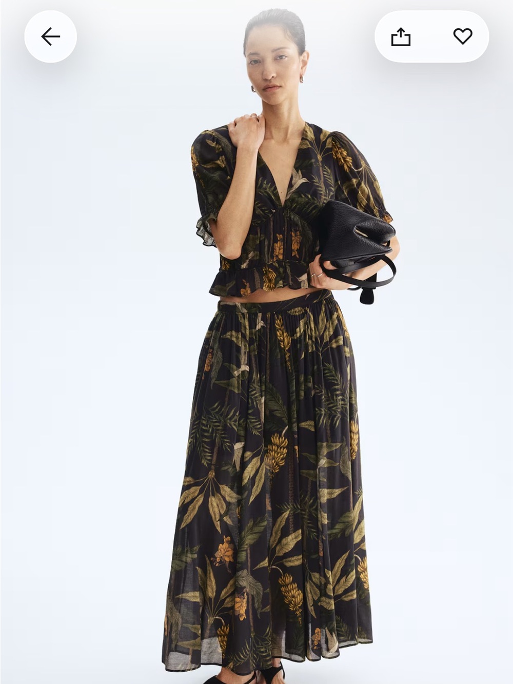 Women's Black Botanical Print Maxi Skirt - lined